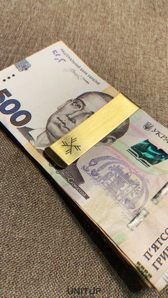 Зажим для купюр Грошовий Вихор - рунічний став ГЕБО та чотирьох ФЕХУ (сталь позолота) 4305430000016 фото