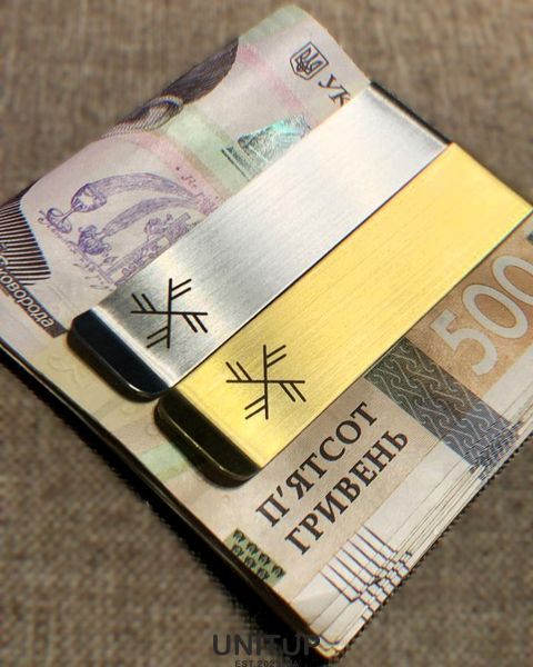 Зажим для купюр Грошовий Вихор - рунічний став ГЕБО та чотирьох ФЕХУ (сталь позолота) 4305430000016 фото